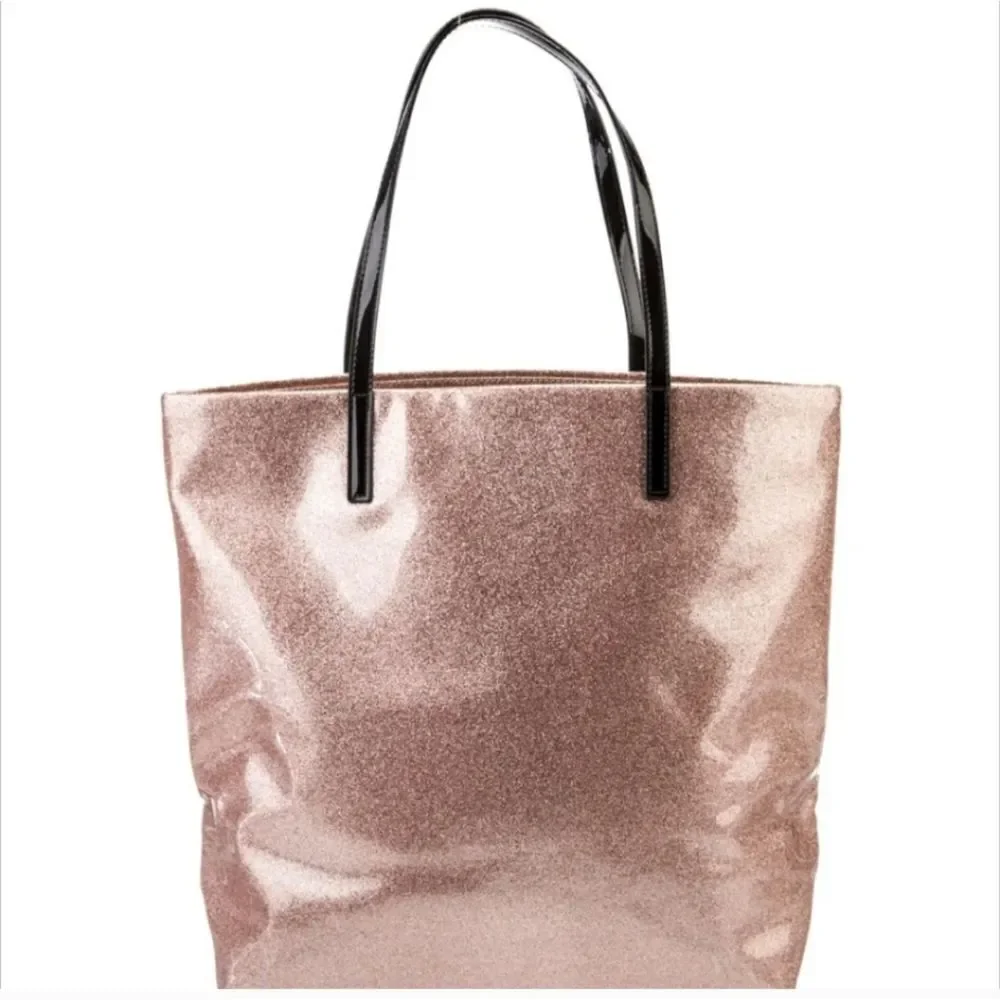 KATE SPADE NewYork/Rose Colored Glittered Tote with Black Handles and Accent